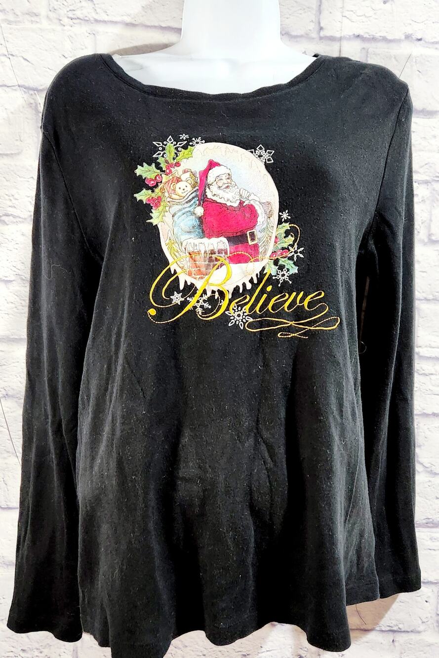 Black Red Gold Santa Print Believe Embroidered Top Large Lightweight Soft